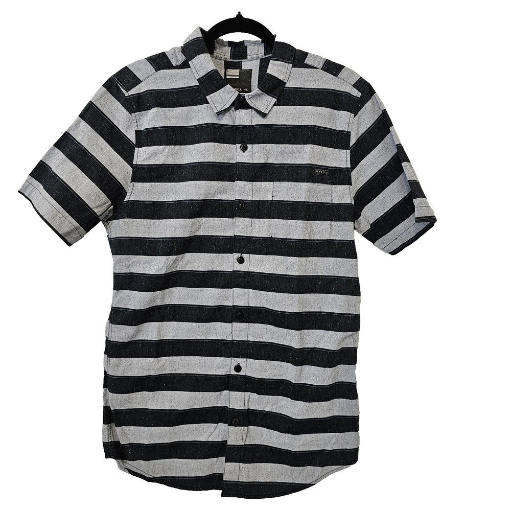 Men's O'Neill Striped Grey Button Down Short‎ Sleeve Shirt Size M Cotton Blend
